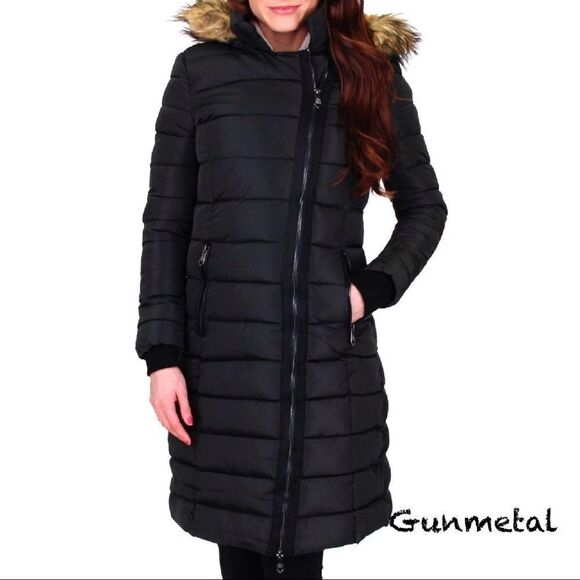 𝅺NANETTE Lepore Long Faux Fur Hooded Puffer Coat gunmetal Gray - Picture 1 of 15
